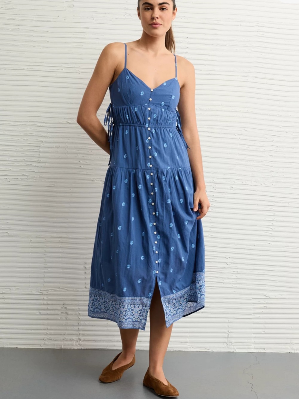 American Eagle Boho Floral Spaghetti Strap Side Tie Button-Front Midi Dress